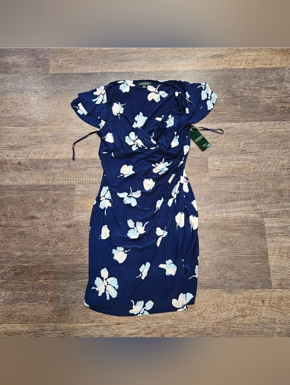 Lauren Ralph Lauren Blue V-Neck Ruched Jersey Faux Wrap Dress Women 14P